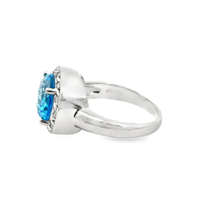 14K White Gold Oval Blue Topaz & Diamond Halo Ring