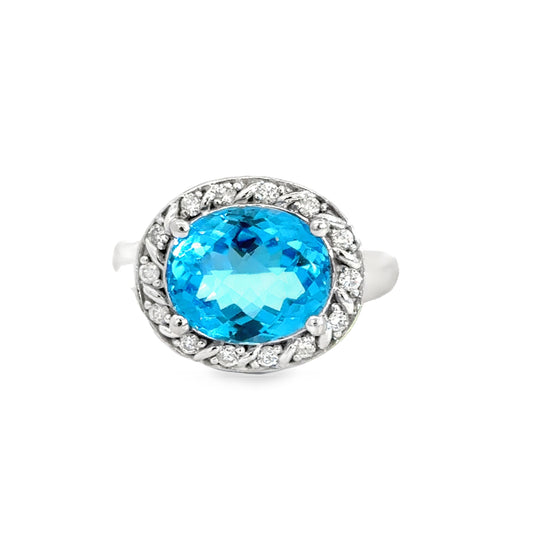 14K White Gold Oval Blue Topaz & Diamond Halo Ring