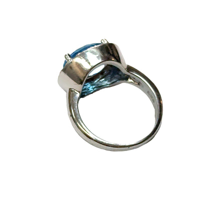 14K White Gold Oval Blue Topaz & Diamond Halo Ring