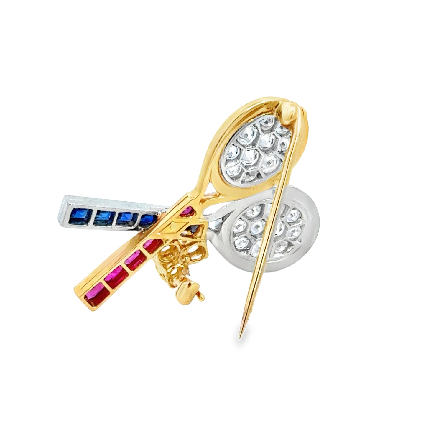 Vintage Heyman Bros. 18K Gold Tennis Pin with Diamonds, Sapphires & Rubies