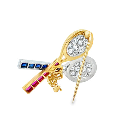 Vintage Heyman Bros. 18K Gold Tennis Pin with Diamonds, Sapphires & Rubies
