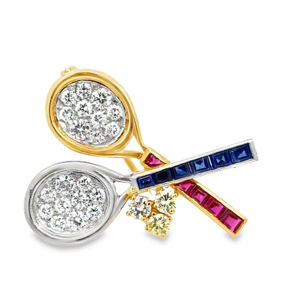 Vintage Heyman Bros. 18K Gold Tennis Pin with Diamonds, Sapphires & Rubies