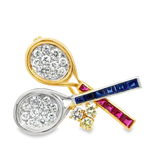 Vintage Heyman Bros. 18K Gold Tennis Pin with Diamonds, Sapphires & Rubies