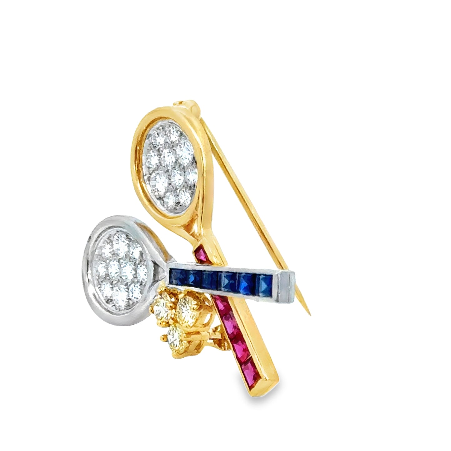 Vintage Heyman Bros. 18K Gold Tennis Pin with Diamonds, Sapphires & Rubies