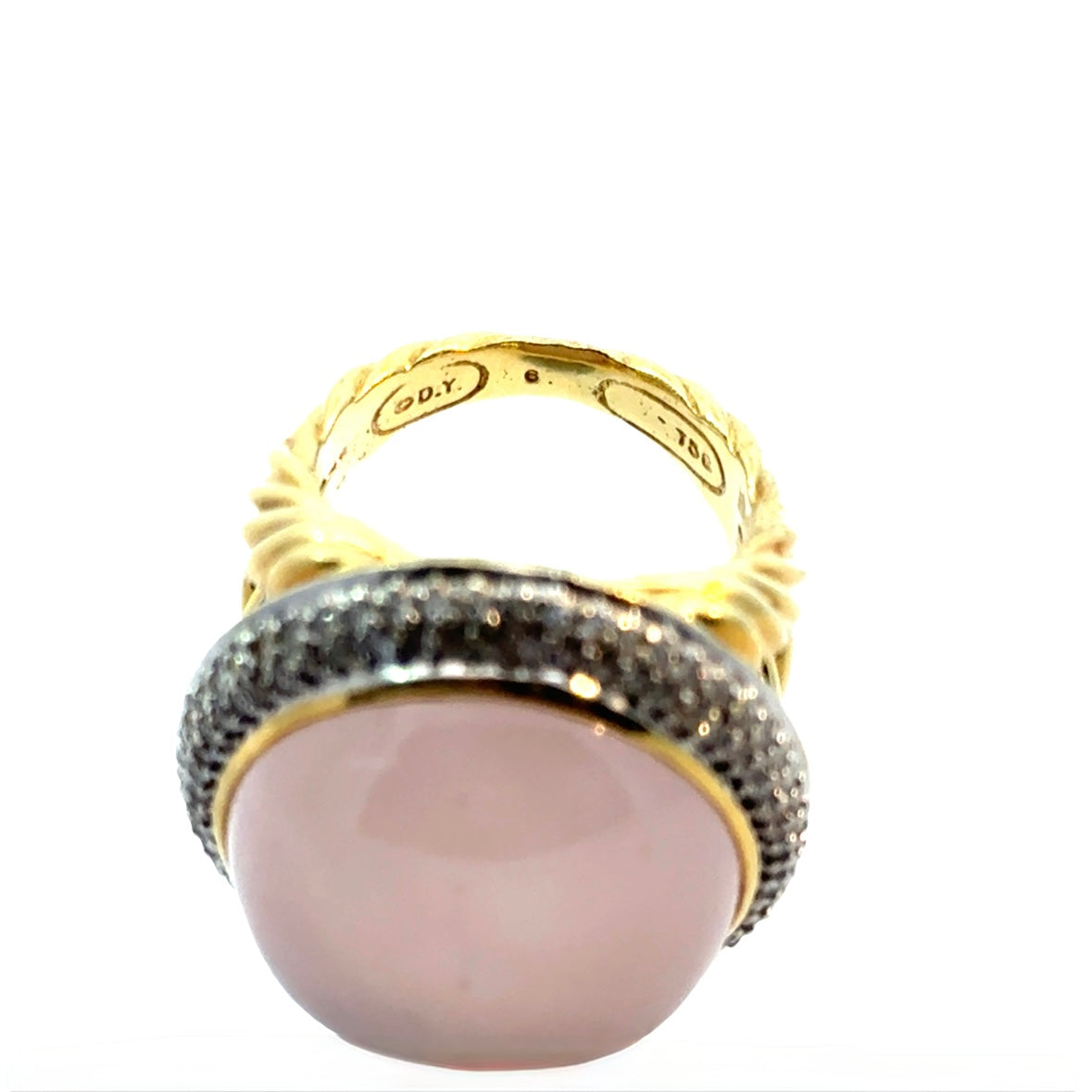 David Yurman 18K Yellow Gold Rose Quartz Cabochon & Pavé Diamond Cocktail Ring
