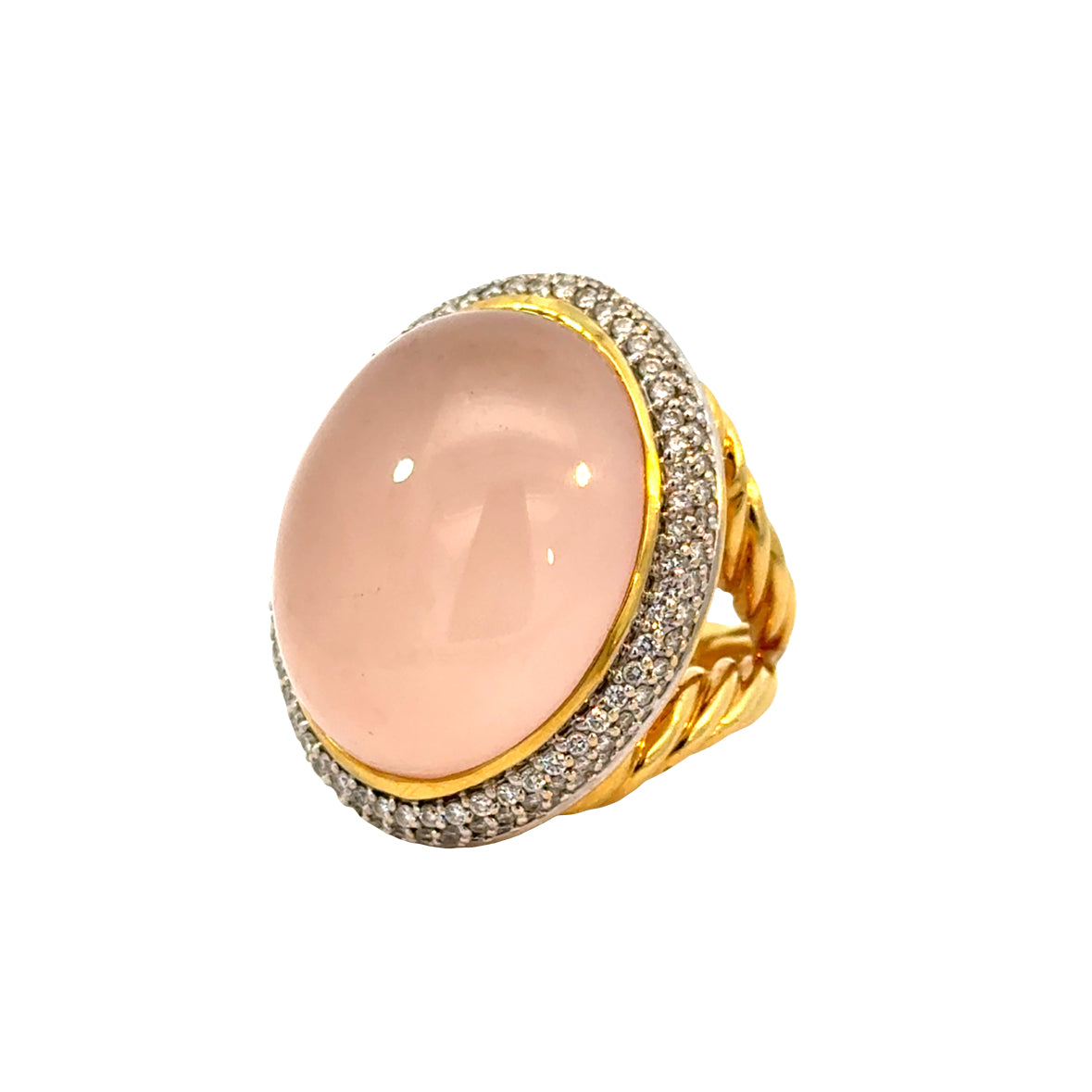 David Yurman 18K Yellow Gold Rose Quartz Cabochon & Pavé Diamond Cocktail Ring