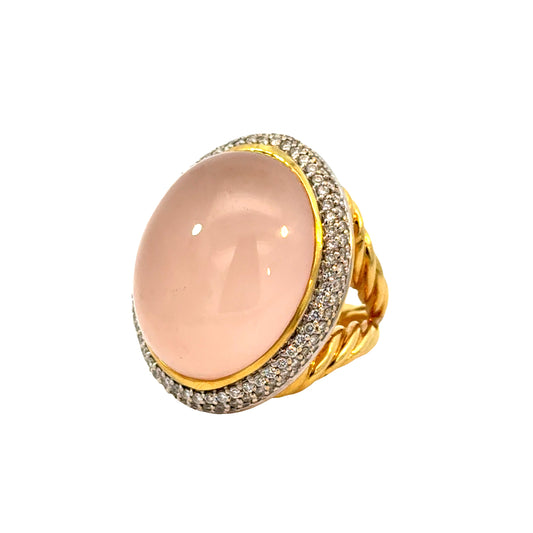 David Yurman 18K Yellow Gold Rose Quartz Cabochon & Pavé Diamond Cocktail Ring