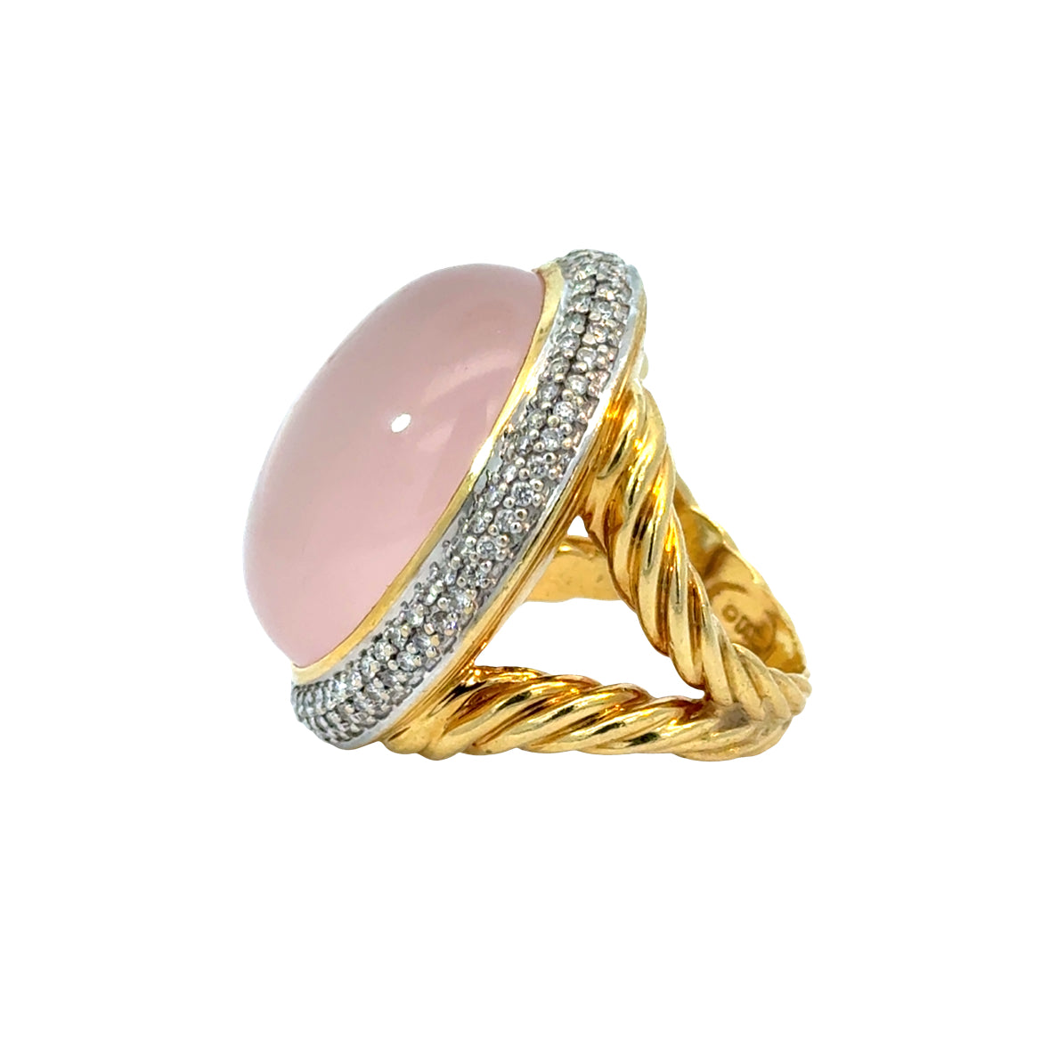 David Yurman 18K Yellow Gold Rose Quartz Cabochon & Pavé Diamond Cocktail Ring