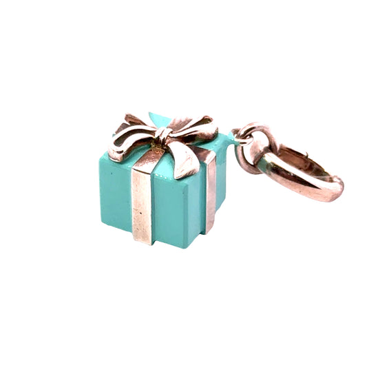 Tiffany & Co. Sterling Silver Gift Box Charm with Turquoise Enamel