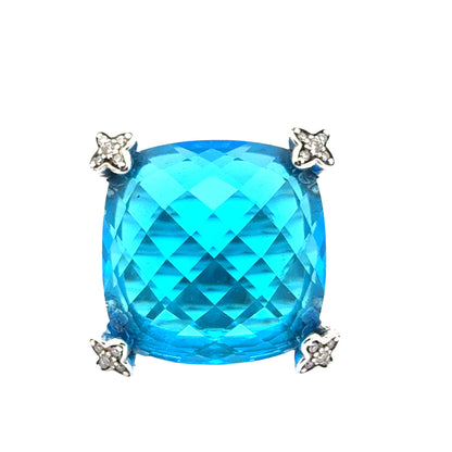 David Yurman Chatelaine “Cushion On Point” Ring – Hampton Blue Topaz & Diamonds – Sterling Silver