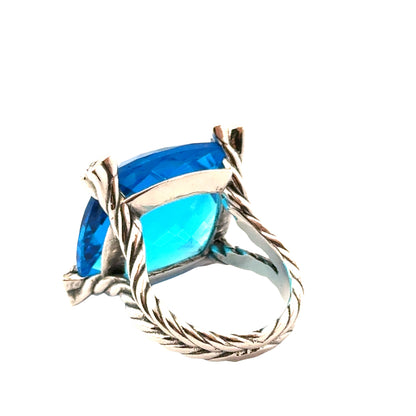 David Yurman Chatelaine “Cushion On Point” Ring – Hampton Blue Topaz & Diamonds – Sterling Silver