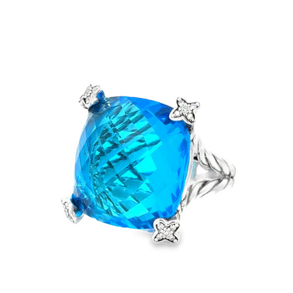 David Yurman Chatelaine “Cushion On Point” Ring – Hampton Blue Topaz & Diamonds – Sterling Silver