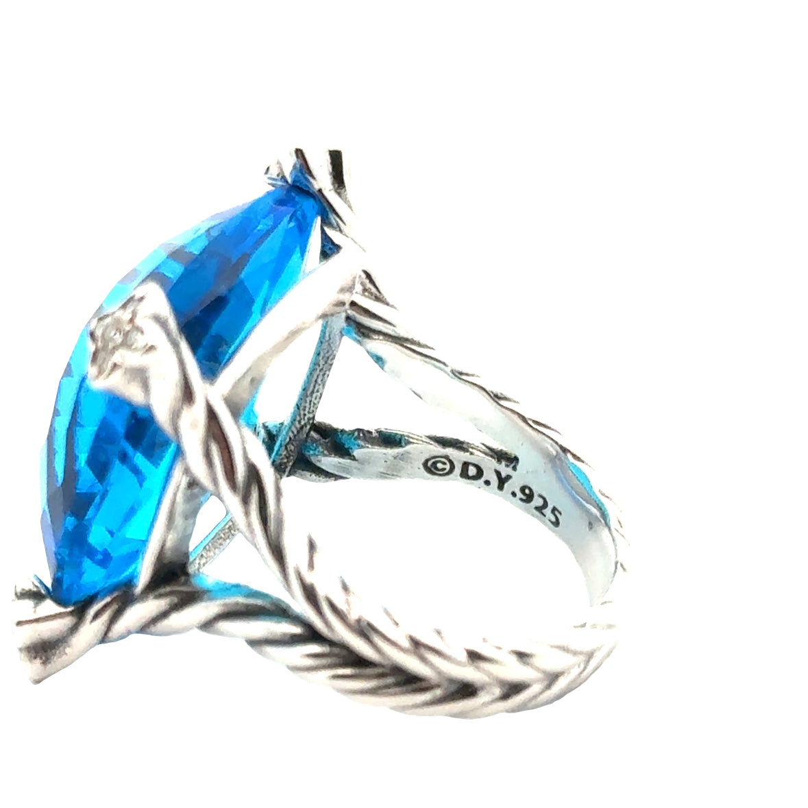 David Yurman Chatelaine “Cushion On Point” Ring – Hampton Blue Topaz & Diamonds – Sterling Silver