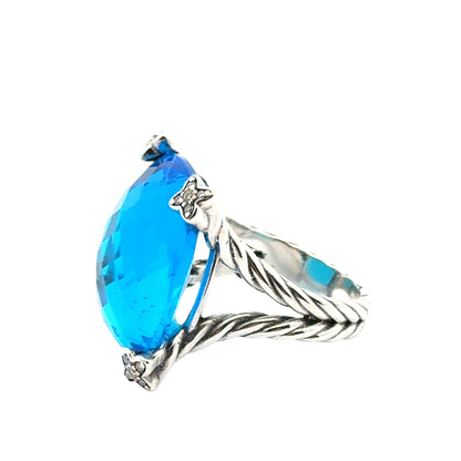 David Yurman Chatelaine “Cushion On Point” Ring – Hampton Blue Topaz & Diamonds – Sterling Silver