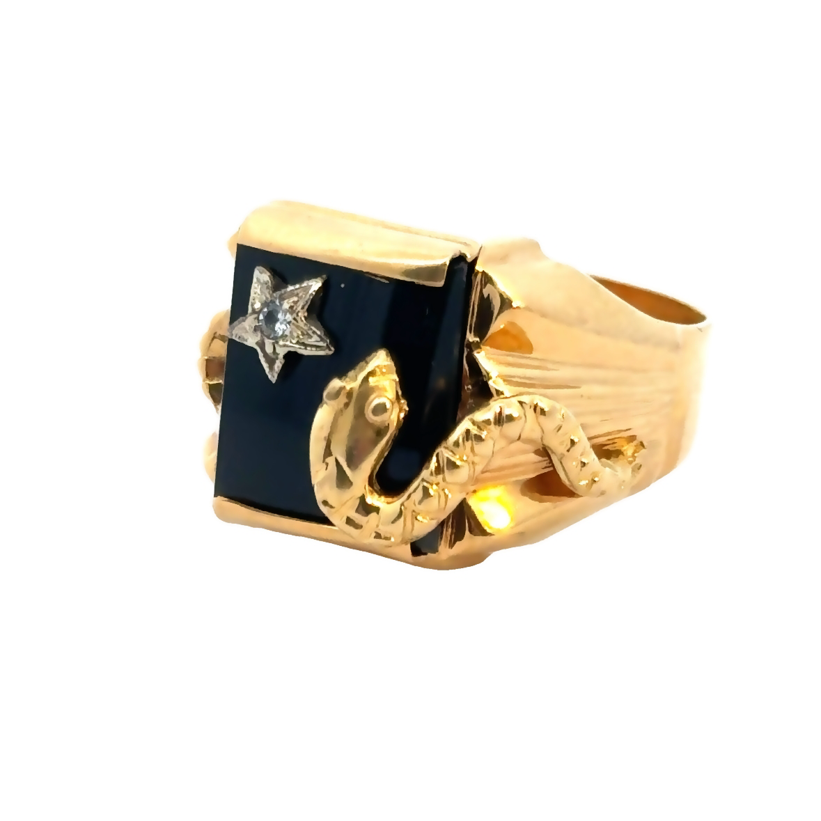 18K Yellow Gold Onyx & Diamond Serpent Men’s Ring