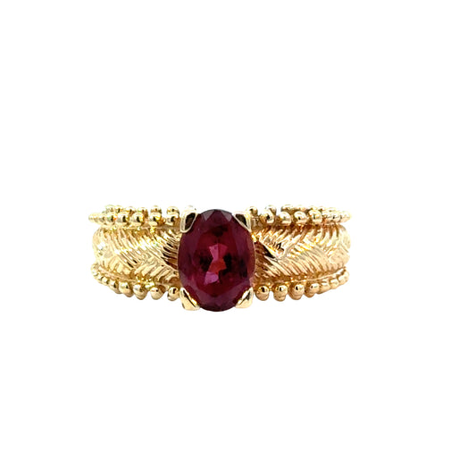 14K Yellow Gold Raspberry Tourmaline Ring with Ornate Band