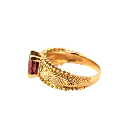 14K Yellow Gold Raspberry Tourmaline Ring with Ornate Band