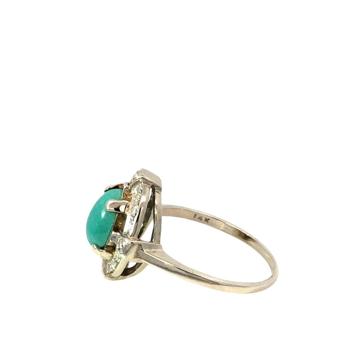 Oval Turquoise Cabochon Ring with Diamond Accents – 14K White Gold
