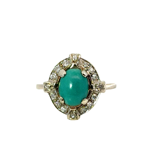 Oval Turquoise Cabochon Ring with Diamond Accents – 14K White Gold