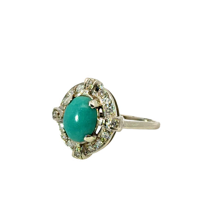 Oval Turquoise Cabochon Ring with Diamond Accents – 14K White Gold