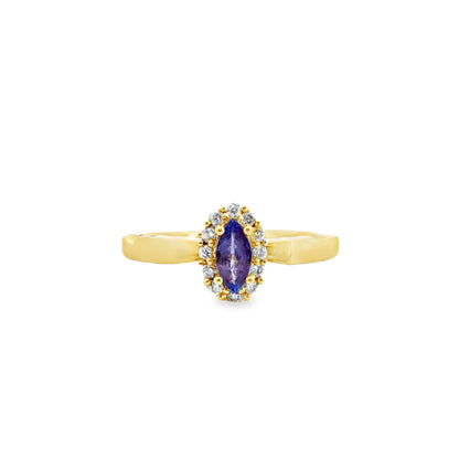 14K Yellow Gold Tanzanite & Diamond Ring with Heart-Detail on Shank