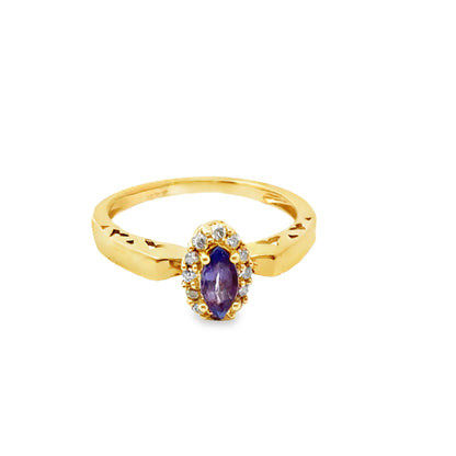 14K Yellow Gold Tanzanite & Diamond Ring with Heart-Detail on Shank