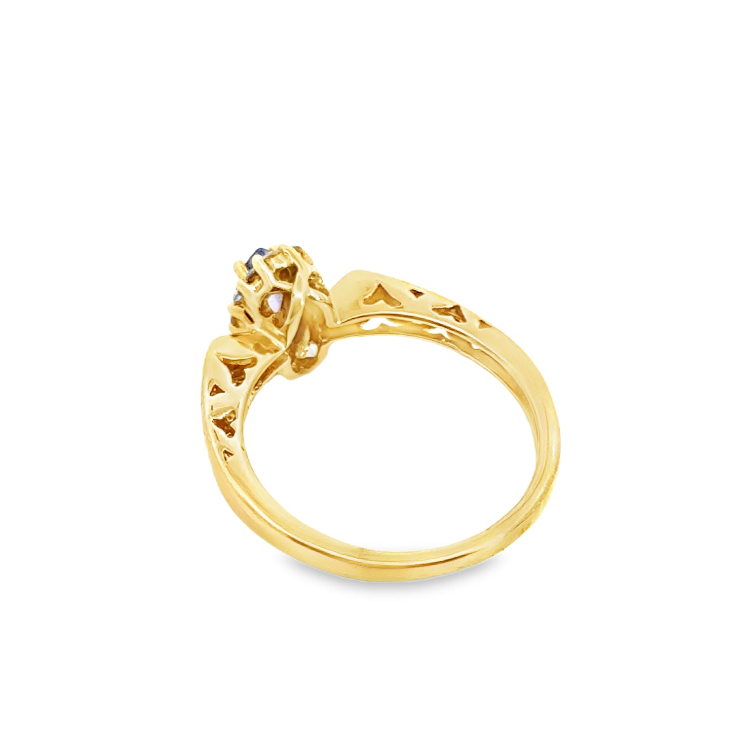 14K Yellow Gold Tanzanite & Diamond Ring with Heart-Detail on Shank