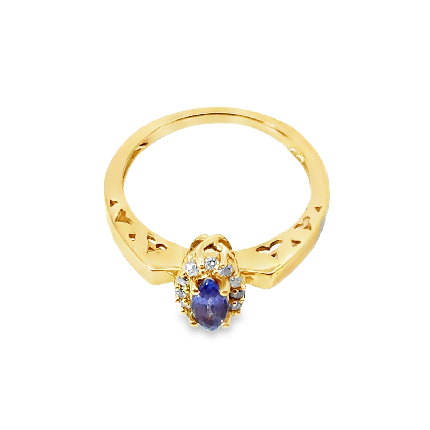 14K Yellow Gold Tanzanite & Diamond Ring with Heart-Detail on Shank