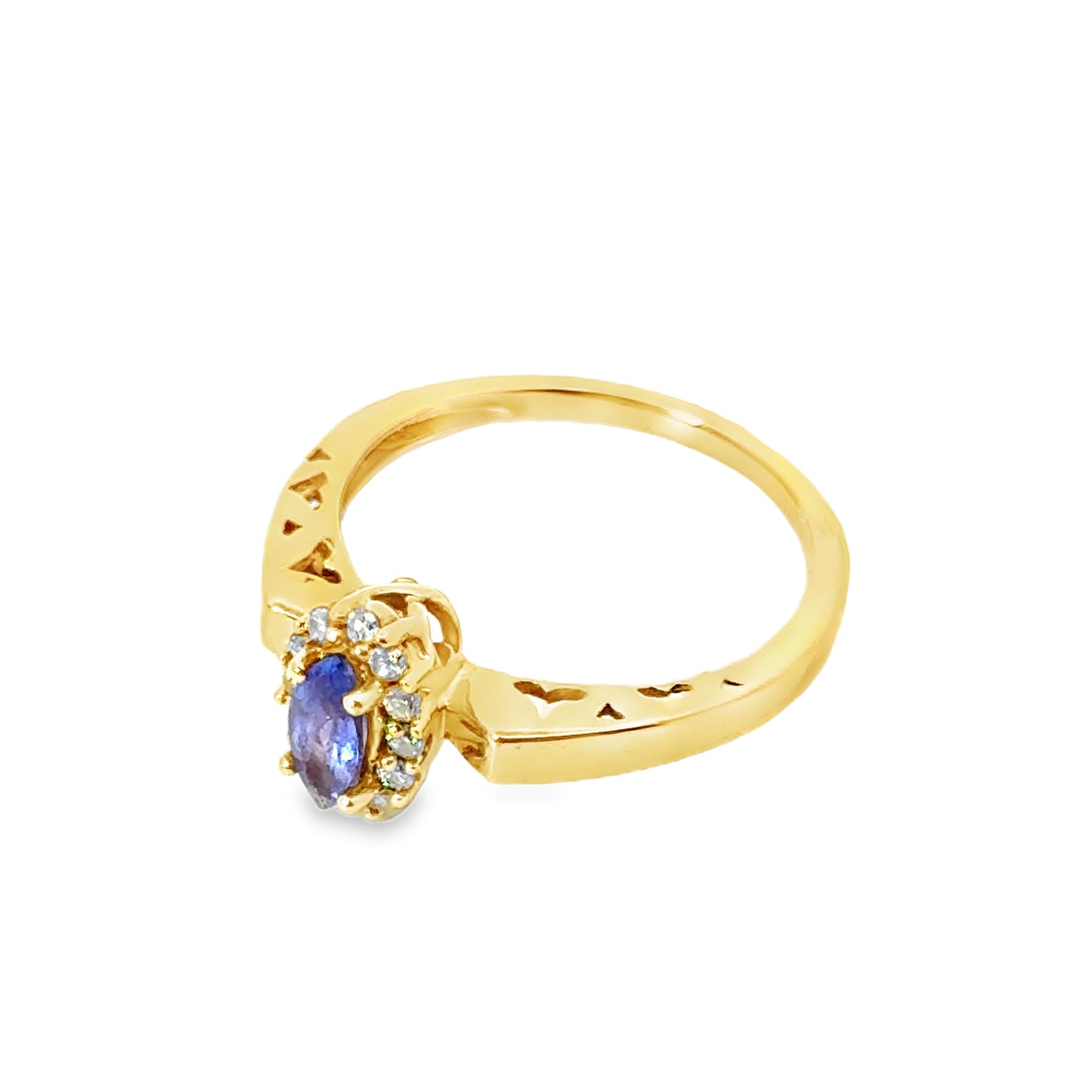 14K Yellow Gold Tanzanite & Diamond Ring with Heart-Detail on Shank