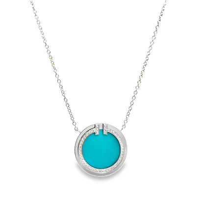 Tiffany & Co. 18K  T Diamond & Turquoise Circle Pendant Necklace