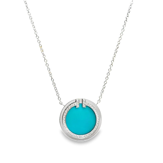 Tiffany & Co. 18K  T Diamond & Turquoise Circle Pendant Necklace