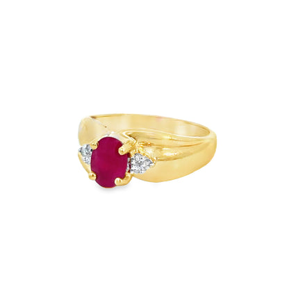14K Gold Oval Ruby Ring with Side Diamond Accents