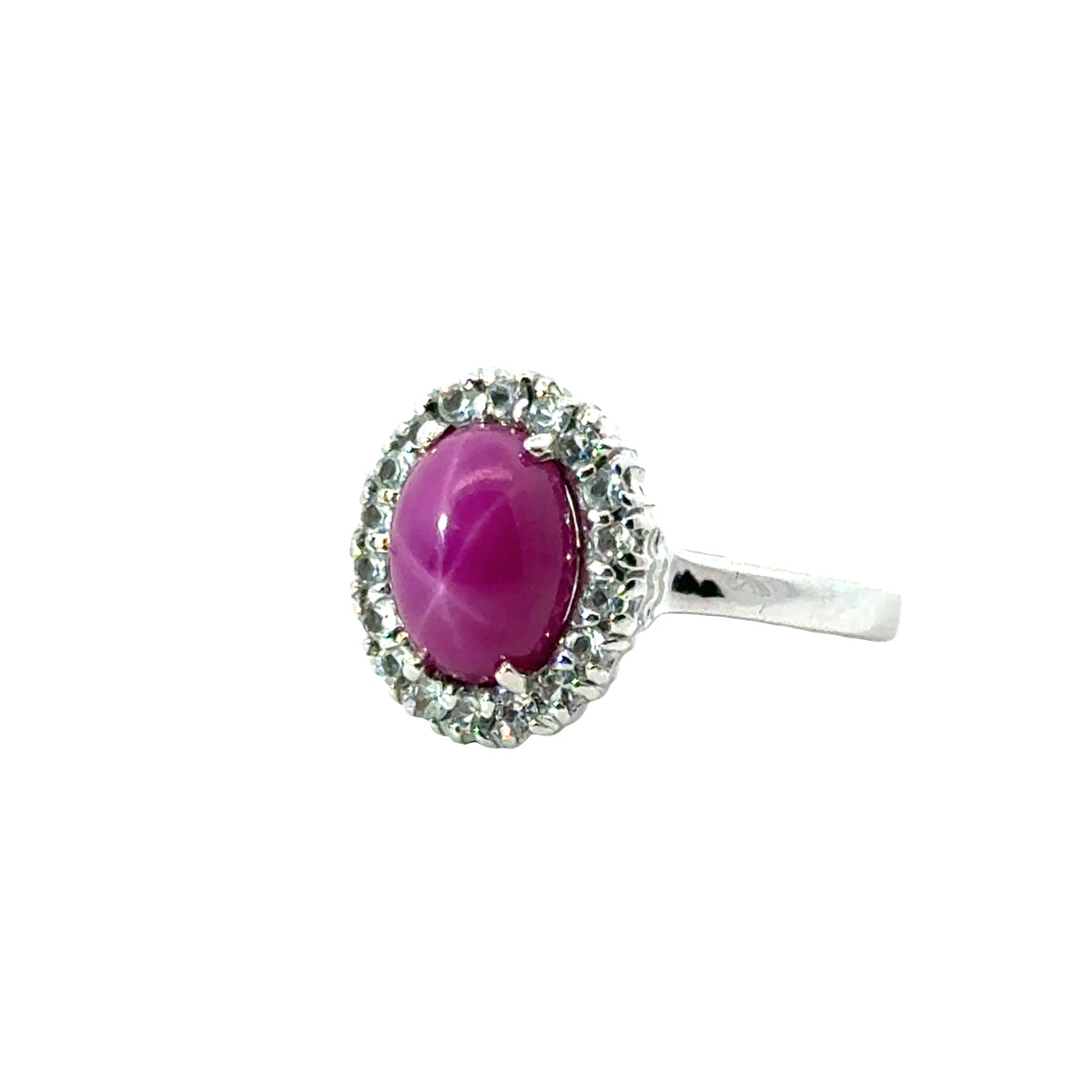 18K White Gold Pink Star Sapphire & Diamond Halo Ring