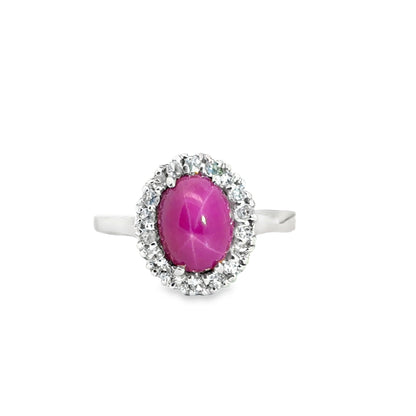 18K White Gold Pink Star Sapphire & Diamond Halo Ring