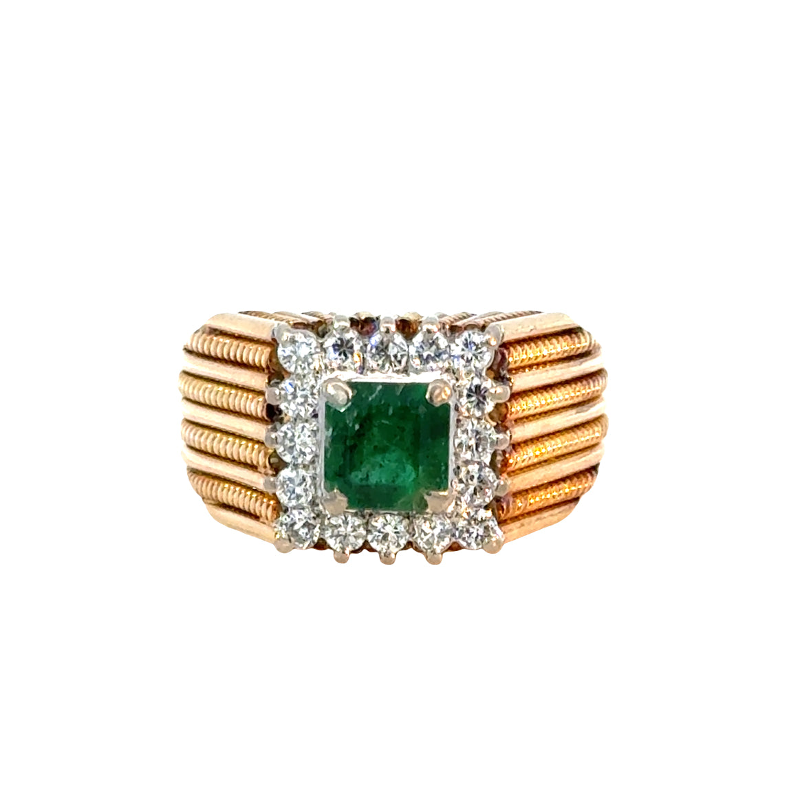 Striking Emerald and Diamond Halo Ring in 14K Yellow Gold – Ribbed Dome Setting