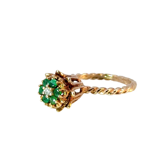 14K Yellow Gold Romantic Revival Emerald Cluster Ring with Diamond Accent