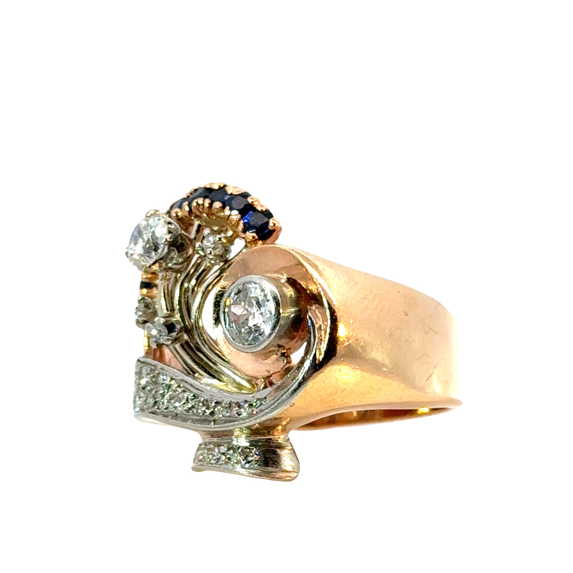 Sculptural Retro 18K Gold Diamond & Sapphire Ring, Mid-Century Design