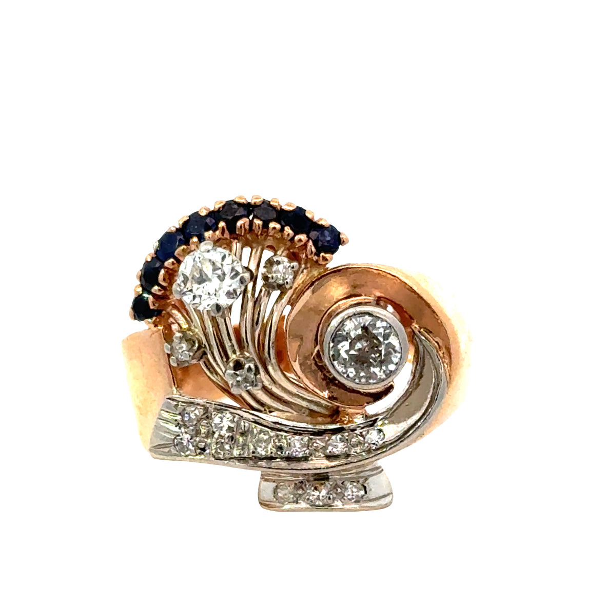 Sculptural Retro 18K Gold Diamond & Sapphire Ring, Mid-Century Design