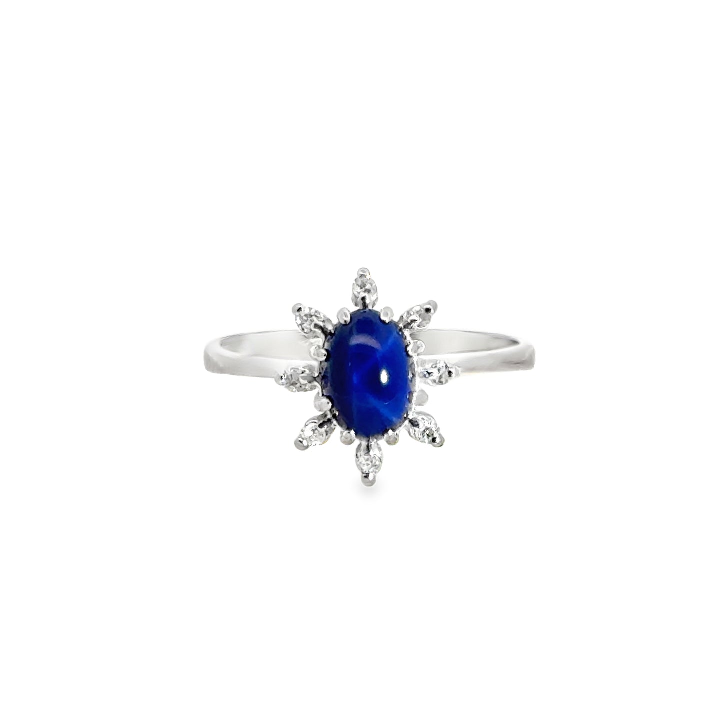 14K White Gold Star Sapphire and Diamond Starburst Ring