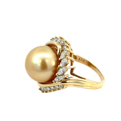 Luxury Golden Pearl Halo Ring in 14K Yellow Gold
