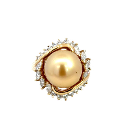 Luxury Golden Pearl Halo Ring in 14K Yellow Gold