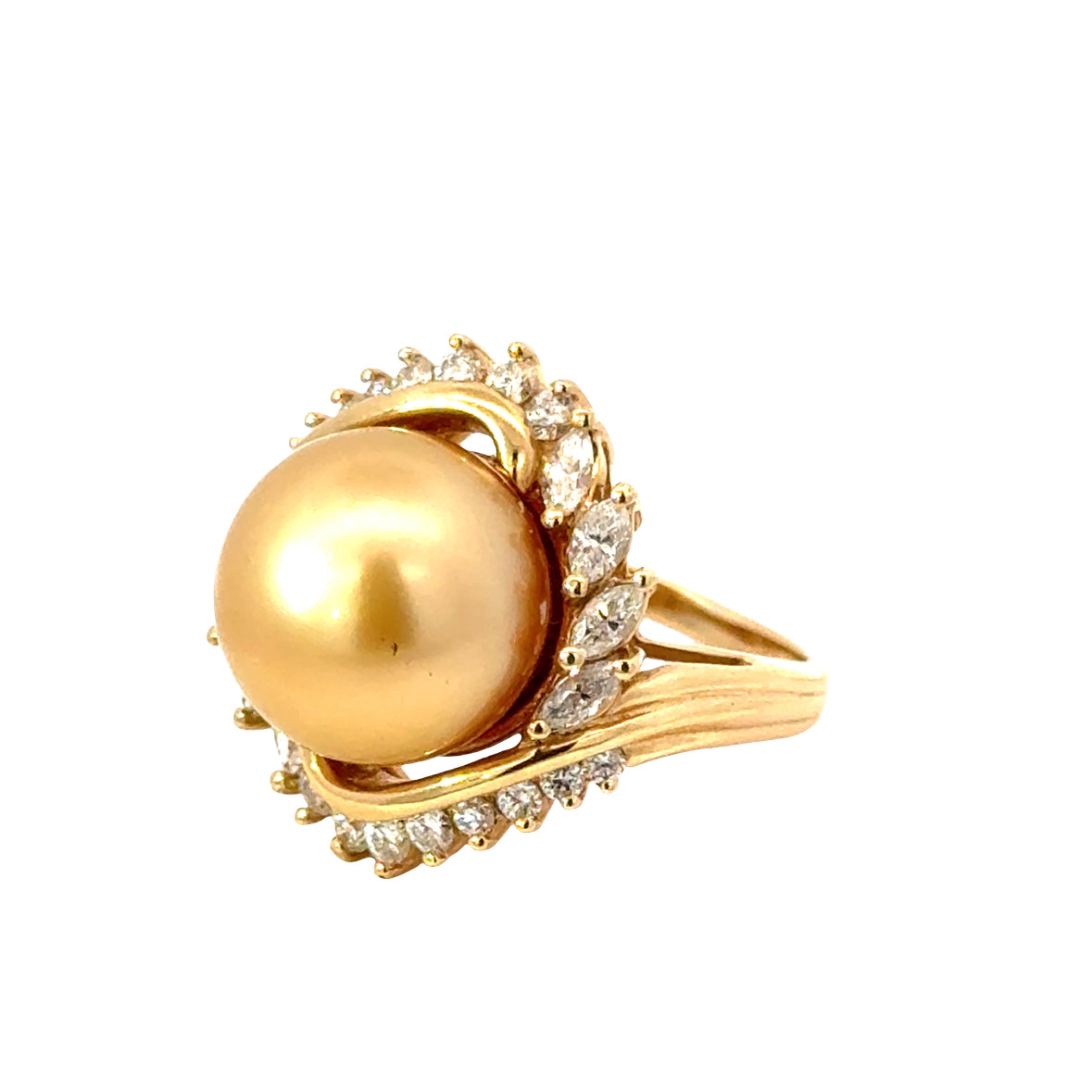 Luxury Golden Pearl Halo Ring in 14K Yellow Gold