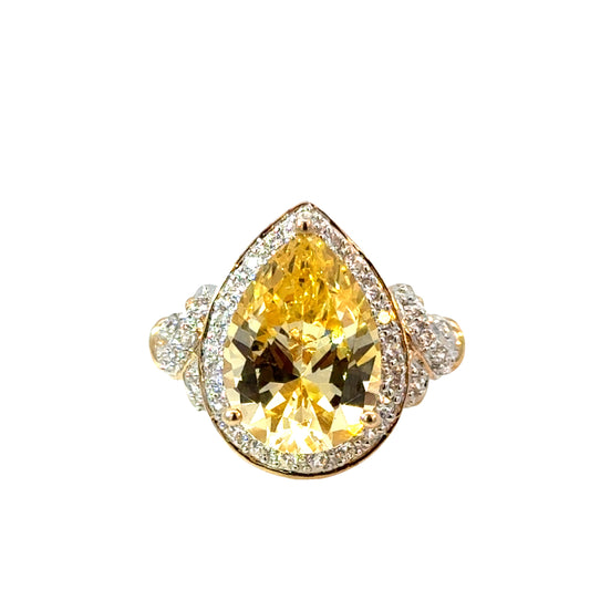 14K Yellow Gold Synthetic Yellow Citrine Pear-Cut Ring with Diamond Halo