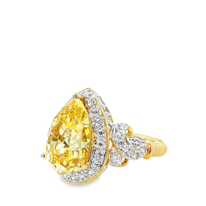 14K Yellow Gold Synthetic Yellow Citrine Pear-Cut Ring with Diamond Halo