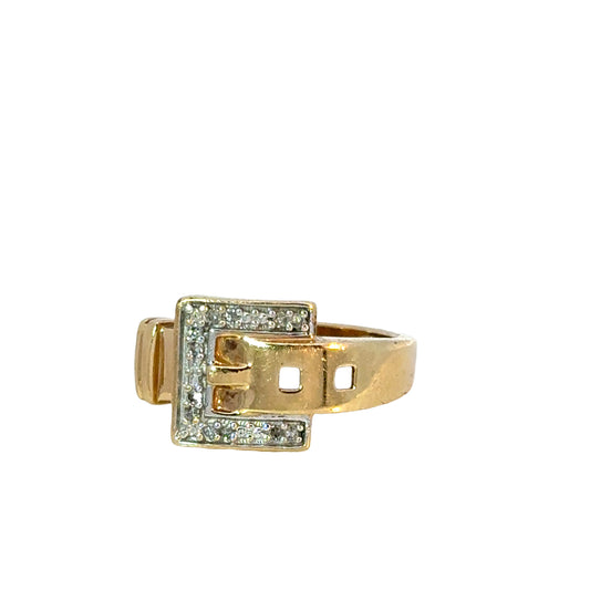Chic Yellow Gold Buckle Ring, Diamond Accents