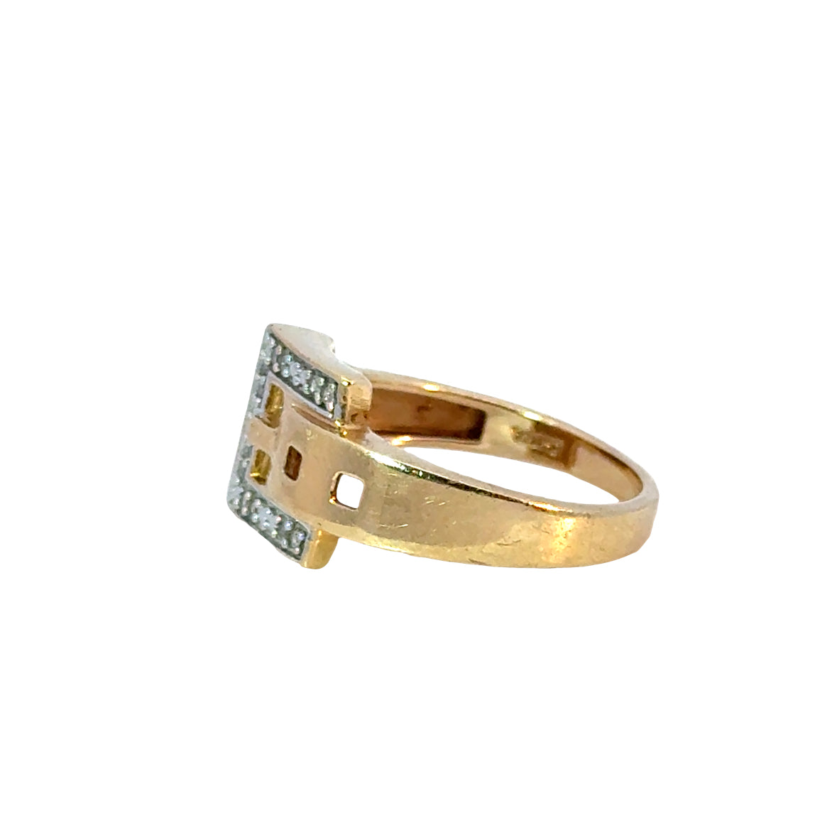 Chic Yellow Gold Buckle Ring, Diamond Accents