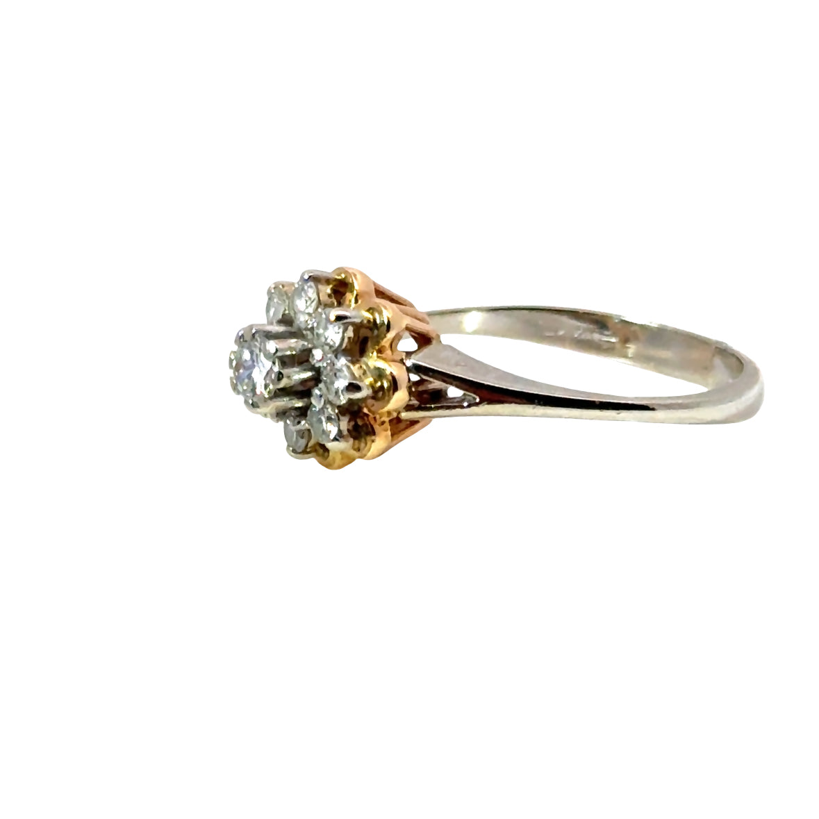 14K White & Yellow Gold Diamond Flower Ring with Scalloped Border