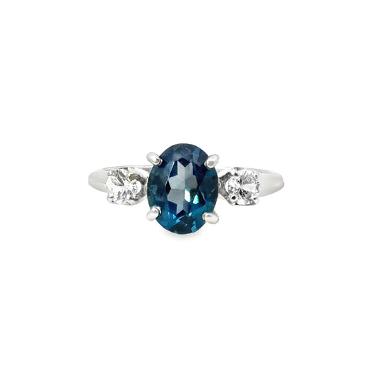 14K White Gold Blue Topaz & CZ Three-Stone Ring – Classic Sparkle