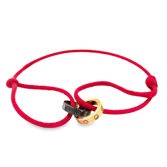 Cartier Love Charity Bracelet – 18K Rose Gold, Black Ceramic & Diamonds – Red Silk Cord