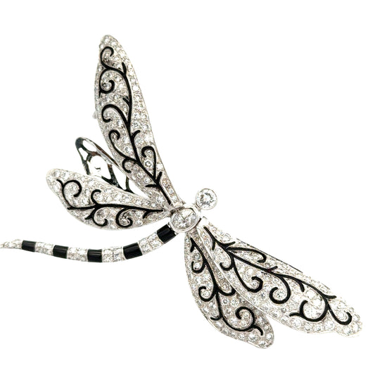 Exquisite 18K White Gold Diamond & Enamel Dragonfly Brooch